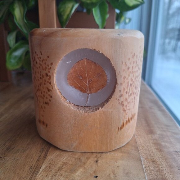 Wooden Candle Holder Leaf Fall Rustic Tree Cabin Cottage Country Wax 5 Inch Tall - Picture 7 of 10